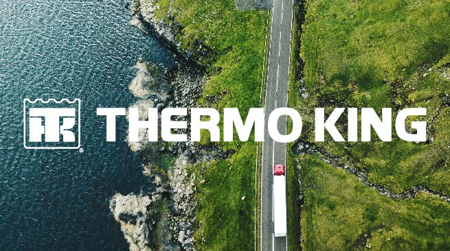 Thermo King logo over aerial view of truck on road